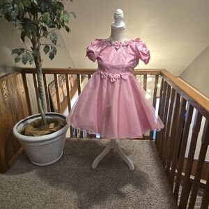 Pink Tulle Tafetta Dress Size 6 with Bow and Floral accents.